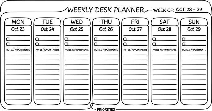 Weekly desk planner template with daily task lists and notes section.