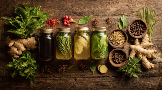 Fresh herbal infusions in glass jars surrounded by natural ingredients on a rustic wooden tabletop