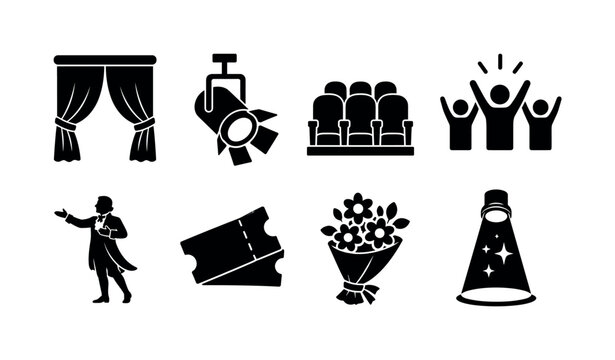 Theater Performance Finale. Filled icon set of Theater Performance Finale: closing curtain, stage spotlight, audience seats, standing ovation, actor silhouette, theater ticket, flower bouquet,