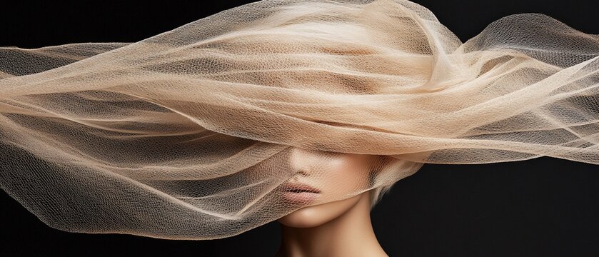 Flowing fabric covers part of a woman's face against a dark background