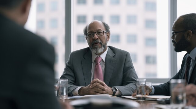 Mature businessman in grey suit and pink tie leading serious meeting in modern office with large window and city view during daytime corporate discussion