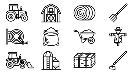 Farm Icon Set: Tractor, Barn, Hay Bale, Scarecrow, Tools, Silo, Wheelbarrow © Brian