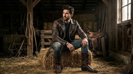 Obraz premium Man sits on a hay bale inside a barn wearing a brown leather jacket.