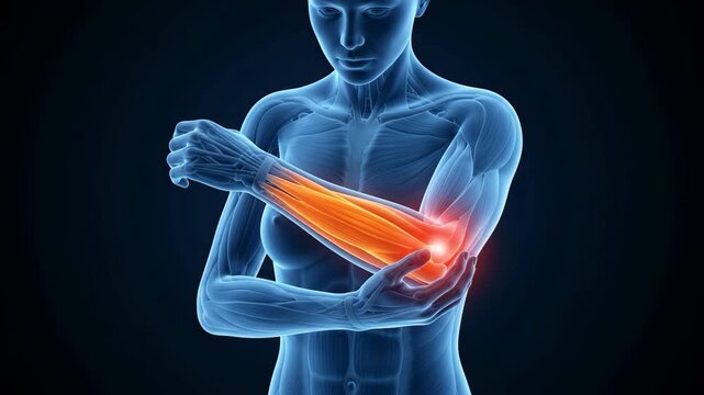 Anatomical visualization of forearm muscle strain and elbow pain