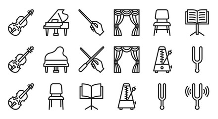 Orchestra Icons: Violin, Piano, Conductor, Stage, Chair, Music, Metronome, Tuning Fork © Brian