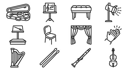 Musical Instruments and Performance Icons: Violin, Harp, Clarinet, Conductor Stand, Stage © Brian