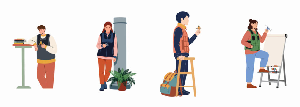 Diverse young adults wearing weighted sensory vests and playing with fidget spinners for focus and regulation in different daily life settings.