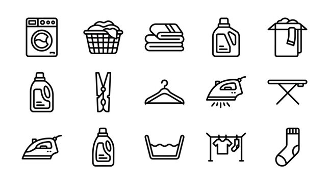 Laundry Icons Set: Washing Machine, Basket, Clothes, Iron, Detergent, Hanger, Clothespin