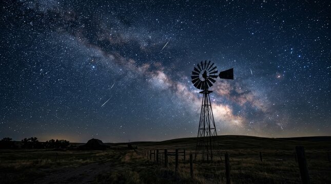 A lone windmill stands dark against a starry Milky Way night sky.