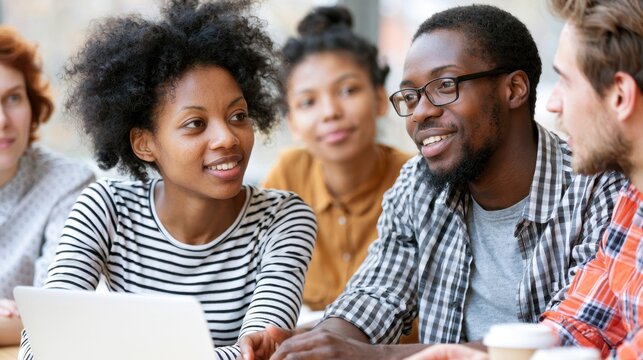 Diverse group of young adults engaged in friendly discussion with laptop in casual modern workspace, illustrating teamwork collaboration mentoring and idea sharing