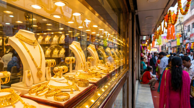 Golden jewelry displayed in a brightly lit shop window with bustling street crowd nearby