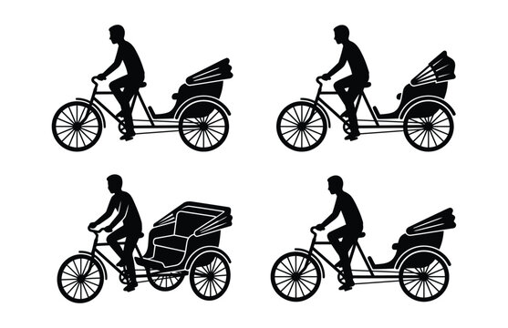 Black silhouette set of bicycle rickshaw taxi drivers riding on traditional pedicabs