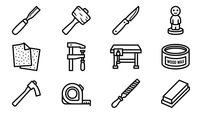 Woodworking Tools Icons Set: Carving, Measuring, Shaping, and Finishing Supplies