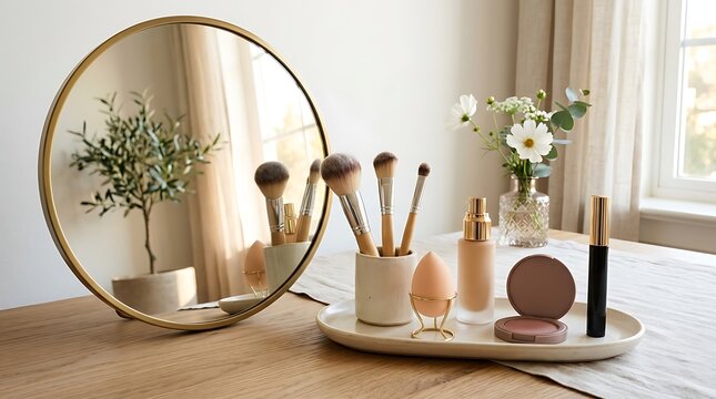 Makeup brushes and cosmetics on a wooden table with a round mirror in a bright bedroom. beginner makeup guide
