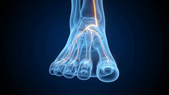 Medical 3d animation of human foot bones and nerve pathways