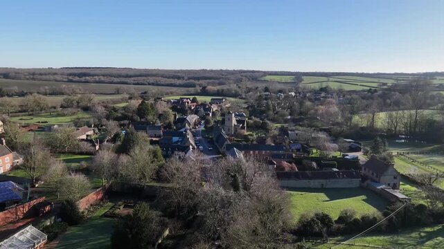 Aerial Drone View of Sudborough Village Edge in Northamptonshire English Countryside