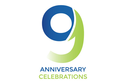9th anniversary celebrations blue gradient and green gradient colors on a white background