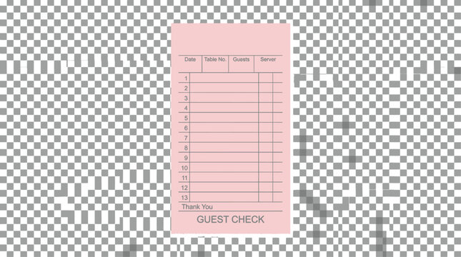 Minimalist blank pink guest check paper receipt template for restaurant order taking isolated on transparent background for hospitality food service billing and creative invoice design.