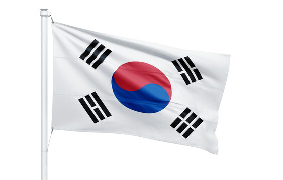 A waving south korean flag on a white flagpole with a red and blue yin yang symbol and black trigrams