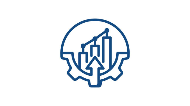 A minimalist blue icon showing a rising bar chart inside a gear