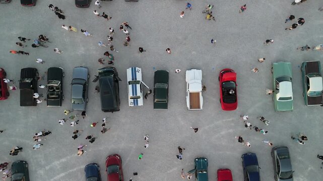 Overhead Drone View of Visitors at Classic Car Show, Warsaw