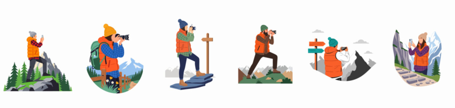 Flat illustration set of various people taking photos in the mountains, capturing nature landscapes with cameras and smartphones while hiking and exploring.