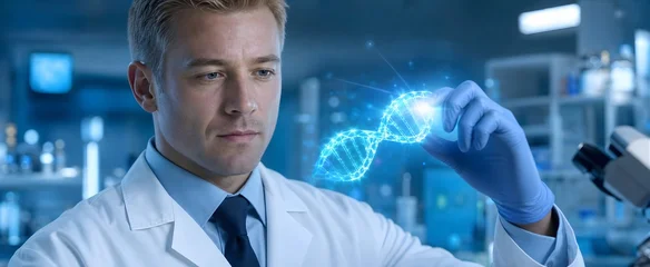 A man in a lab coat examines a glowing blue DNA model. The scientist is researching genetic code technology in a laboratory  he works in the field of molecular science. © SG- design