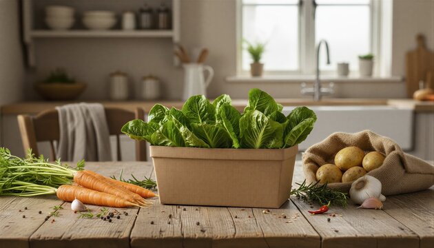 Fresh romaine lettuce in organic punnet on rustic table