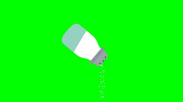 Salt shaker pouring salt grains on green screen chroma key background flat vector animation