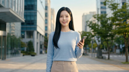 Fototapeta premium 도시 거리에서 인사하는 여성 / Woman Greeting on a City Street