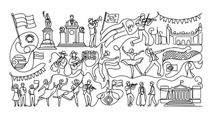 Fototapeta premium Celebration of Culture and Art: Line Art of Music, Dance, and National Symbols