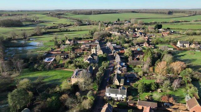 Top Down Aerial View of Sudborough English Village Nestled in Northamptonshire Countryside