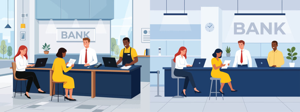 Diverse customers interacting with financial service professionals at bank counters with modern interior design