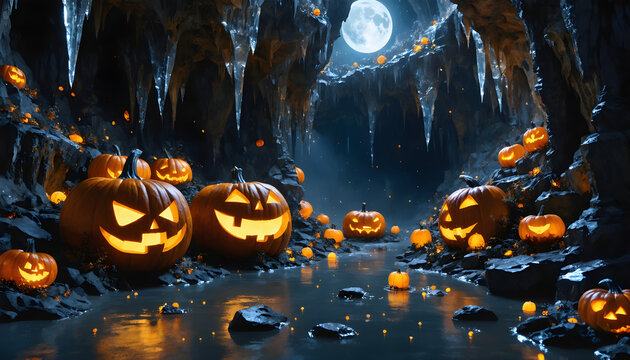 Spooky Halloween background featuring glowing jack o lantern pumpkins inside a dark ice crystal cave with stalactites under a full moon.