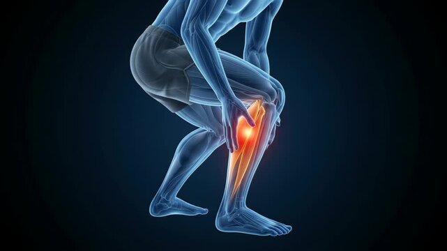 Medical animation of man clutching painful calf muscle