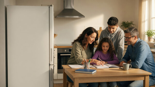Happy family kitchen homework learning parents children table together smile education cozy family scene warm kitchen as parents help children with homework Blended family lifestyle concept
