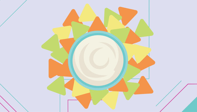 Top down view of a creamy white dip bowl surrounded by colorful triangular tortilla chips on abstract background.