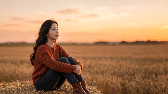 해질녘 바닷가 난간에 선 여성 / Woman Standing by the Seaside Railing at Sunset