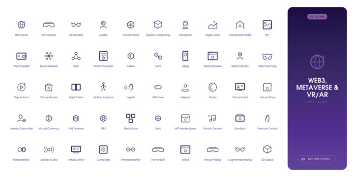 Web3 and Metaverse line icon set. Containing web3, metaverse, virtual reality, augmented reality, vr, ar, nft, and more. Outline icons collection. Editable stroke. Vector illustration