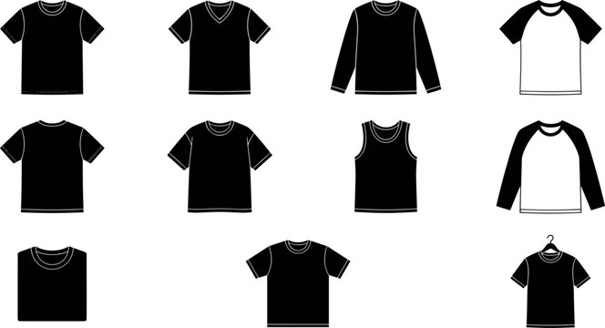 Blank black t shirt mockup template vector set featuring raglan shirts long sleeve tank top folded apparel clothing technical fashion sketch