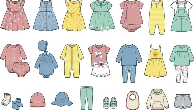 Cute baby clothing and toddler apparel vector set featuring dresses rompers pajamas hoodies shorts hats socks bib outfits kids fashion illustration