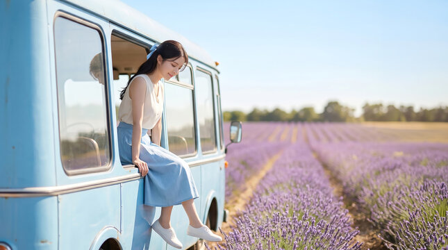 라벤더 들판에서 여행을 즐기는 여성 / Woman Enjoying Travel in a Lavender Field