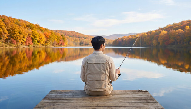 가을 호수에서 낚시하는 남성 / Man Fishing by an Autumn Lake