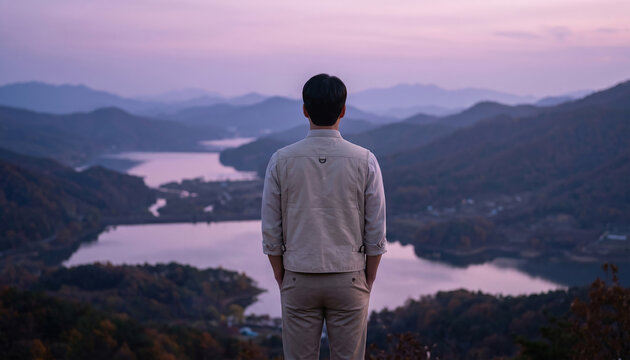 산과 바다를 바라보는 남성의 뒷모습 / Man Looking Over Mountains and Sea