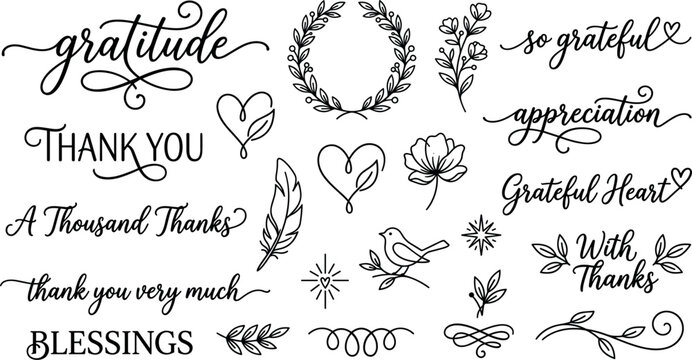 Gratitude and thank you script typography set with hand drawn line art elements laurels hearts flowers for card greeting design vector