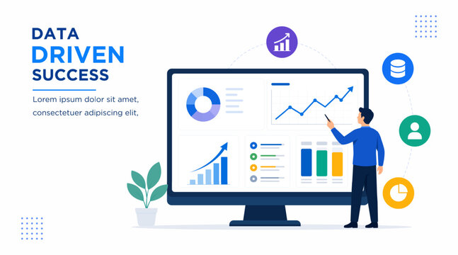 Data Driven Success vector banner with businessman analyzing business dashboard and growing charts. Modern corporate presentation background for business analytics, data visualization