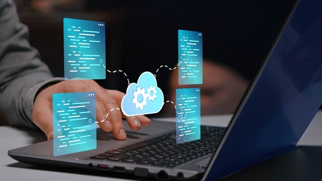Cloud native development. Programmer developing applications for cloud computing.
