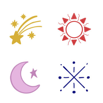 The illustration depicts celestial bodies and symbols in a stylized graphic format.