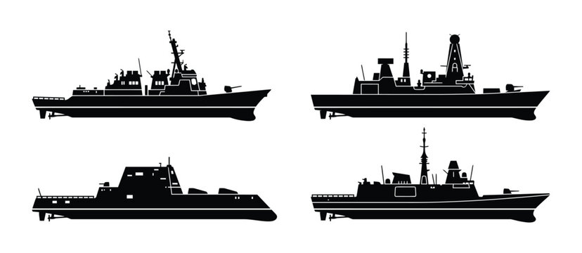Set of black silhouettes of modern military naval warships and navy destroyer combat vessels