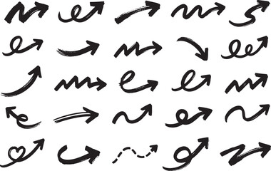 Fototapeta premium Hand Drawn Brush Arrow Collection – Curved Sketch Direction Arrows Vector Set